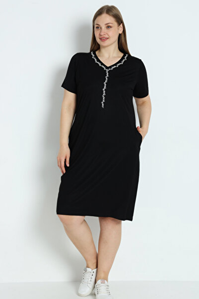 İntensive Kadın Büyük Beden Siyah Kısa Kollu Cepli Taş Detaylı Likralı Elbise