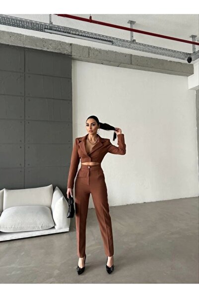 HobiDünyasıElif Jacket Collar Waist Cut Jumpsuit - Bitter Brown