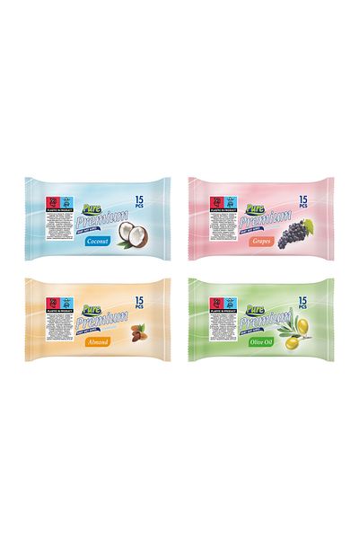 Pure Set de șervețele umede premium de buzunar, 4 pachete x 15 bucăți