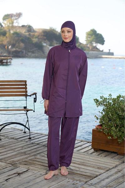 Estiva Plain Sleeve Leg Elastic Zipper Fully Closed Hijab Swimsuit