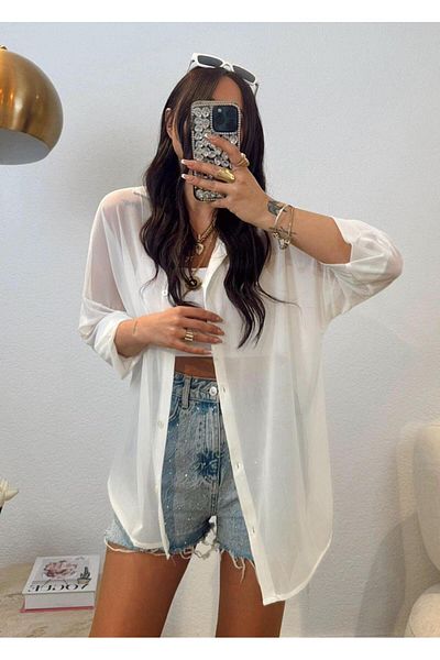 BETULAKSUBUTİK Oversize White Tulle Shirt Pareo