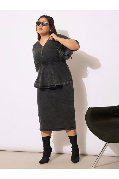 Sassafras By Styli Plus Size Denim V-Neck Front Peplum Dress