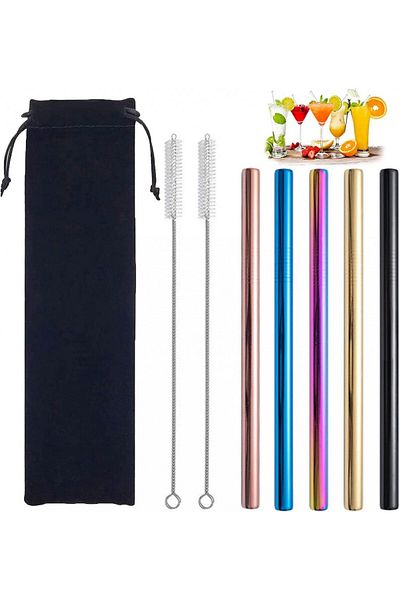 WELLXUNK Set of 5 straws with 2 cleaning brushes and storage bag WELLXUNK, stainless steel, multicolor