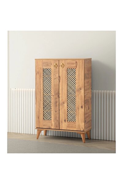 Mavikoltukdöşeme MS - MM 1622 / Ahşap Ayakkabılık Hasır Kapak Meşe 4 Raflı