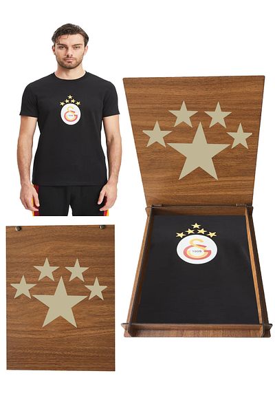 Galatasaray Αυθεντικό μαύρο μπλουζάκι 5 αστέρων με δώρο ξύλινο κουτί 5 αστέρων
