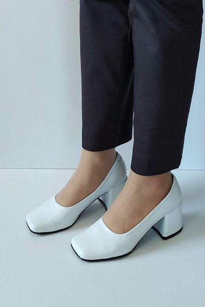 ERS Air Comfort Women's White Genuine Leather Classic Heeled Shoes Blunt Toe Simple Stylish