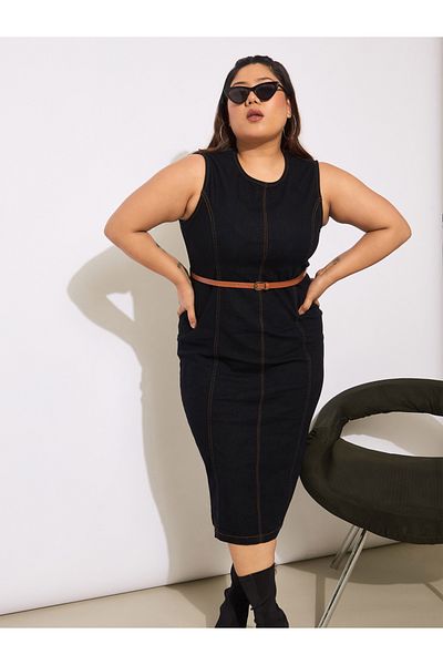 Sassafras By Styli Plus Size Denim Sleeveless Belted Bodycon Midi Dress