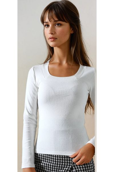 MAYELN Women's White Square Neck Ribbed Knitwear Blouse – Long Sleeve