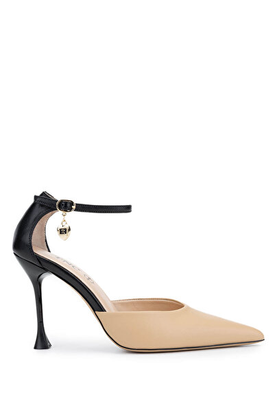 Tamer Tanca Kadın Hakiki Deri Bej/Siyah Topuklu Ayakkabı