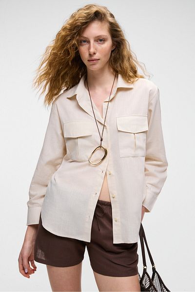GRIMELANGE Rigo Women Shirt Collar Long Sleeve Regular Long Slim Cream Shirt