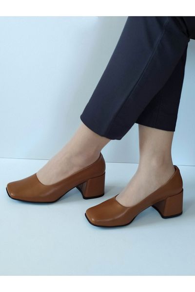 ERS Air Comfort Women's Tan Genuine Leather Classic Heeled Shoes Blunt Toe Simple Stylish
