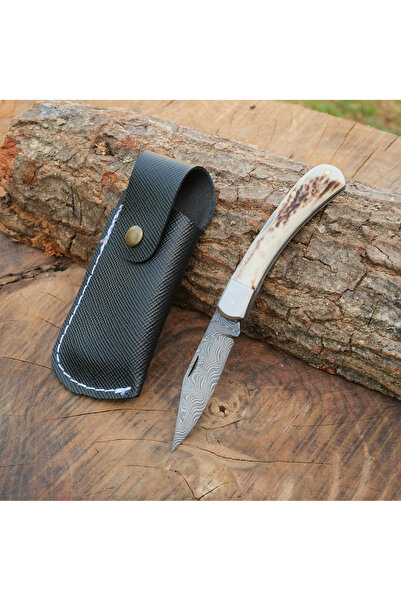 kösemehmet Katlanır Model 17 Cm - Damascus Çelik - Geyik Boynuzu Sap
