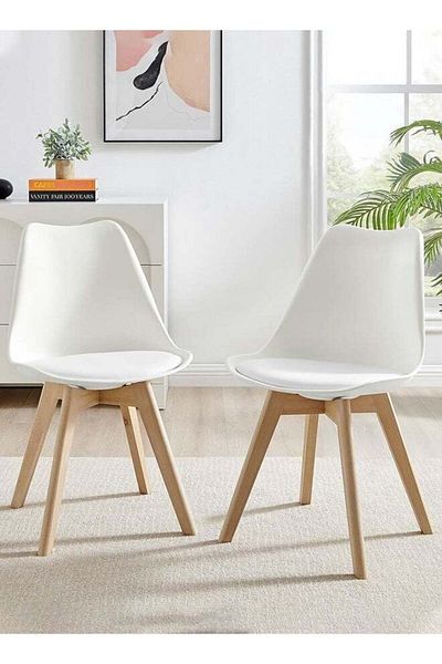 Taimi Pack of 2-Mid Century Modern Chair with Back Rest, Padded Seats and Solid Wood Legs, White
