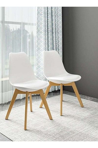 Taimi Pack of 2-Mid Century Modern Chair with Back Rest, Padded Seats and Solid Wood Legs, White
