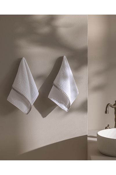 Madame Coco Camille Crochet 2-Piece 100% Cotton Hand Towels - White/Gray