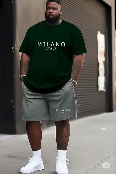 NO 601 Men's Green T-Shirt Gray Shorts Milano Large Size Oversize Set