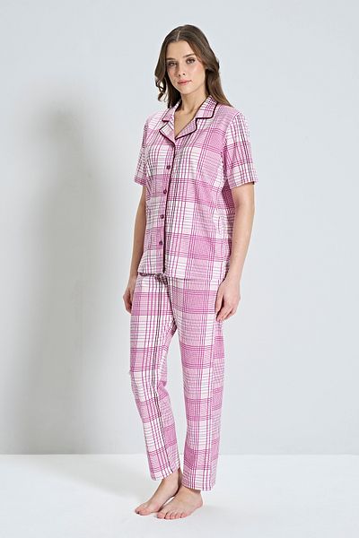 Pijadore Women's Short Sleeve Front Buttoned Collar Line Detailed Pajama Set