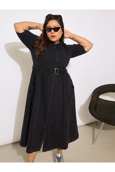 Sassafras By Styli Plus Size Collared Buttoned Midi Dress with Belt