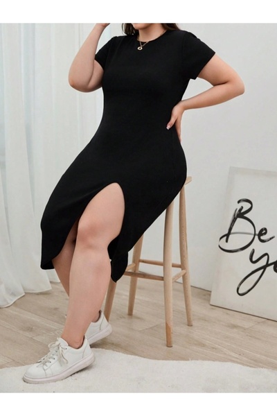 MODA Γυναικείο κοντομάνικο φόρεμα με σχισμή στο πλάι με λαιμόκοψη βισκόζης