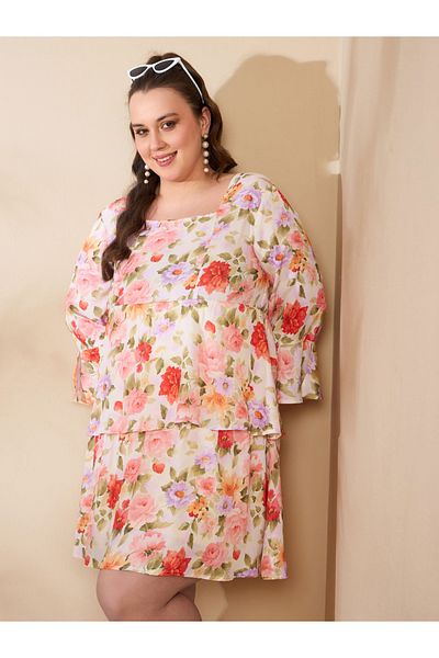 Sassafras By Styli Plus Size Floral Print Tiered Short Dress