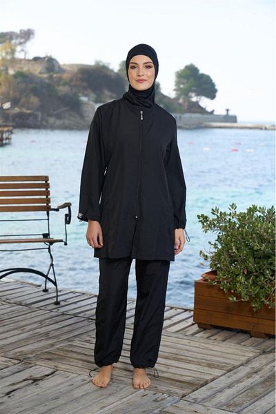 Estiva Plain Sleeve Leg Elastic Zipper Fully Closed Hijab Swimsuit