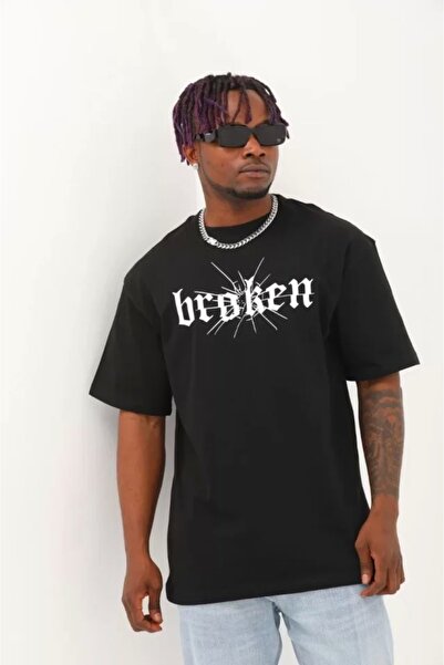 soonaksesuar Unisex Oversize εμπριμέ μπλουζάκι με λαιμόκοψη - Μαύρο