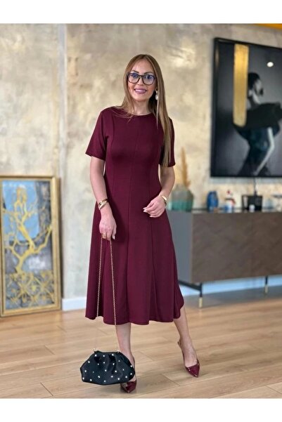 ARONA Γυναικείο κοντομάνικο φόρεμα με λαιμόκοψη μίντι βισκόζη με δύο κλωστές