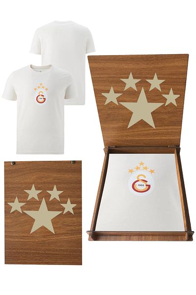 Galatasaray Αυθεντικό μπλουζάκι 5 αστέρων εκρού με δώρο ξύλινο κουτί 5 αστέρων