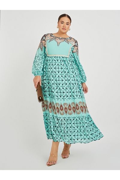 Styli Plus Size Printed Square Neck Long Sleeves Maxi Dress