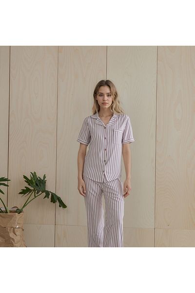 Loule Women's Home Wear Cotton Lilac Striped Short Sleeve Pajamas Set O1.L01.Ivsa.05