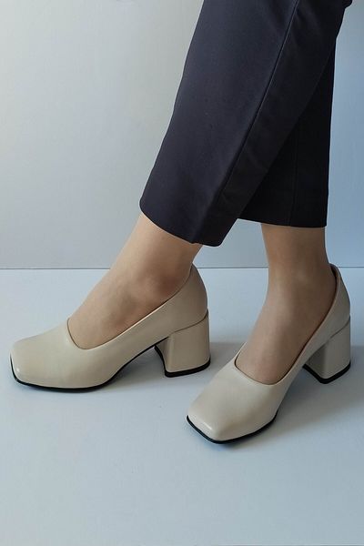 ERS Air Comfort Women's Beige Genuine Leather Classic Heeled Shoes Blunt Toe Simple Stylish