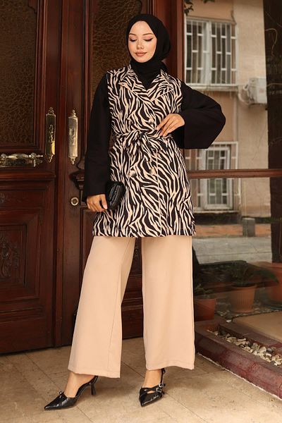 Modamihram Zebra Patterned Double Suit Beige 19255