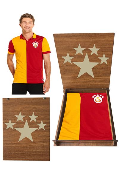 Galatasaray Αδειτωμένο μπλουζάκι με γιακά πόλο 5 αστέρων με δώρο ξύλινο κουτί 5 αστέρων