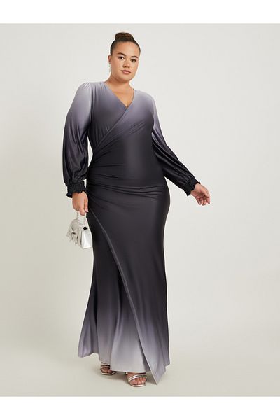 Styli Plus Size Ombre Print Gathered Detail Wrap Maxi Dress