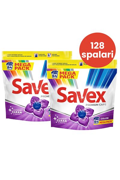 SAVEX Premium Caps Color, automatic laundry detergent, 2 packs x 64 capsules, 128 washes
