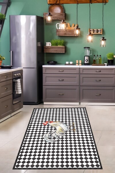Pelangi Horoz Karo Kitchen Desenli Dijital Baskı Yıkanabilir Kaymaz Taban Mut...