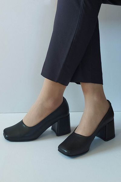 ERS Air Comfort Women's Black Genuine Leather Classic Heeled Shoes Blunt Toe Simple Stylish