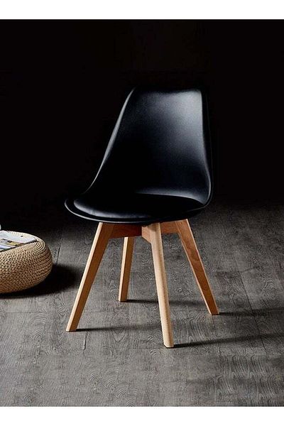 Taimi Mid Century Modern Chair with Back Rest, PU Leather Soft Padded Seats and Solid Wood Legs, Black