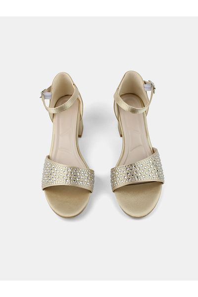 MAGGIO Gold Color Women's Stone Ankle Strap Thick Heeled Evening Dress Shoes