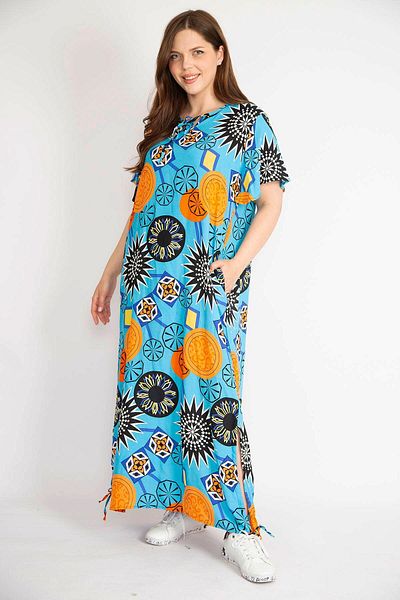 Şans Rochie lungă din țesătură de viscoză, albastră, mărime mare, cu guler și dantelă cu fante 65n36382