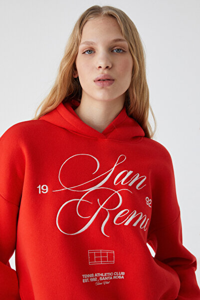 GRIMELANGE Tacna Women's Hooded Long Sleeve Oversize Red Sweatshirt