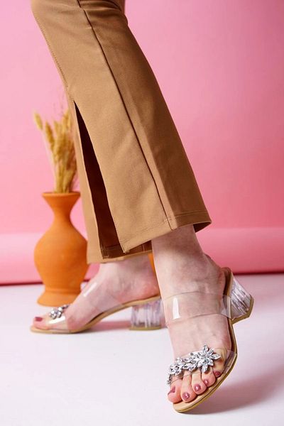 leopar by çetinay 33 Beige Stone Detailed Transparent Strap Heeled Shoes