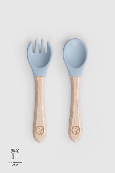 Little Gusto Blue Silicone Fork Spoon Set with Bamboo Handle