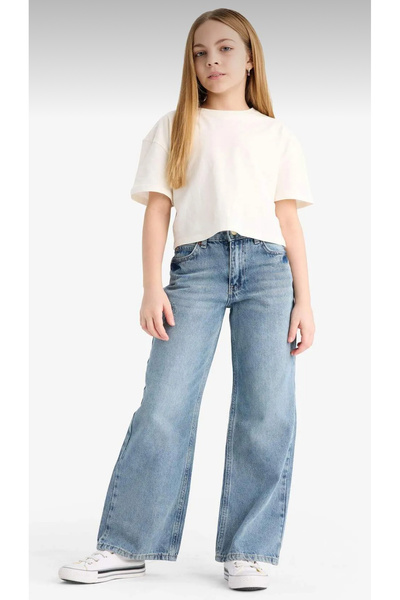 ASL GOLF CLUB Kız Çocuk Mavi Renk %100 Pamuk Ayarlanabilir Bel Rahat Kesim Wide Leg Denim Pantolon 6-15 Yaş