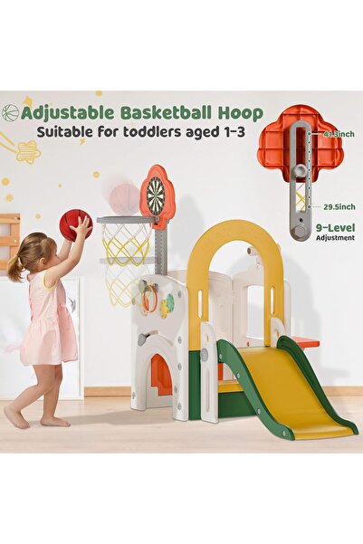 FULLJOY زحليقة للأطفال الصغار، مع طوق كرة سلة قابل للتعديل، وكرة قدم، ولوحة رمي السهام، ونافذة تسوق FJY-245
