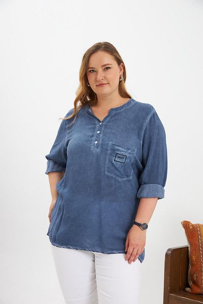 RMG Arma Detailed Large Size Washable Blouse Indigo
