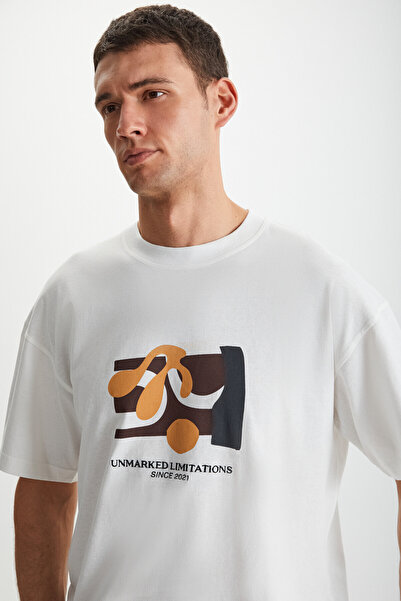 GRIMELANGE Ανδρικό μπλουζάκι Lexoro 100% βαμβακερό με λαιμόκοψη εκρού με στάμπα