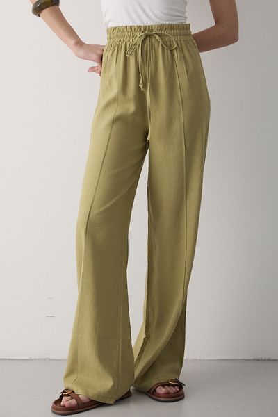 JASTE Women's Beige Elastic Waist Lace-Up Linen Trousers