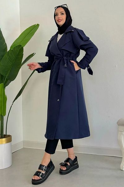 Tesettür Diyarı Navy Blue 120cm Trench Coat - Snap Detail and Lined, 38-44 Compatible