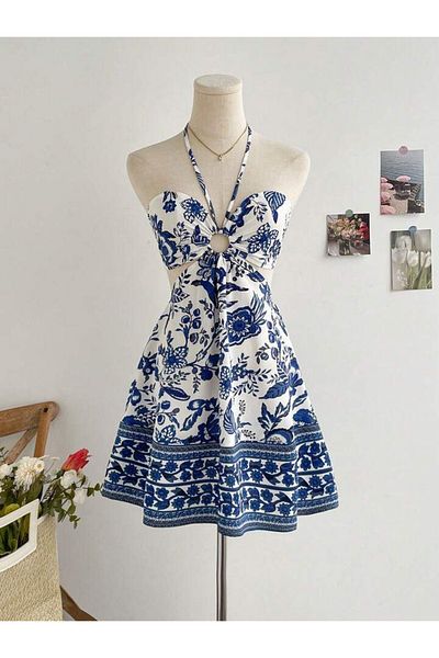 Ceylen Flower Pattern Straples Neck Lacing Detailed Cutout Mini Dress